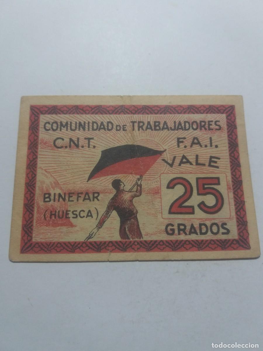 Billetes locales: Billete VALE 25 Grados Comunidad Trabajadores CNT-FAI BINEFAR (Huesca)