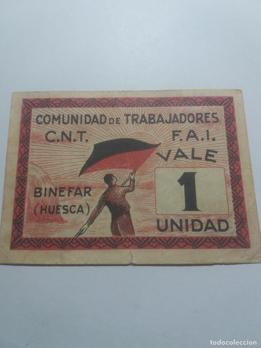 Billetes locales: Billete VALE 1 Unidad Comunidad Trabajadores CNT-FAI BINEFAR (Huesca)