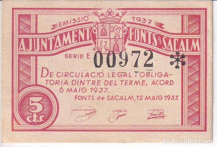 Notas locais: BILLETE DE 5 CENTIMOS DEL AJUNTAMENT DE FONTS SACALM DEL A&Ntilde;O 1937 SIN CIRCULAR (SC)