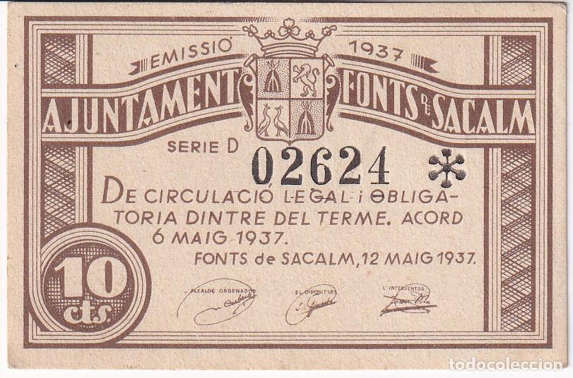 Notas locais: BILLETE DE 10 CENTIMOS DEL AJUNTAMENT DE FONTS SACALM DEL A&Ntilde;O 1937 SIN CIRCULAR (SC)