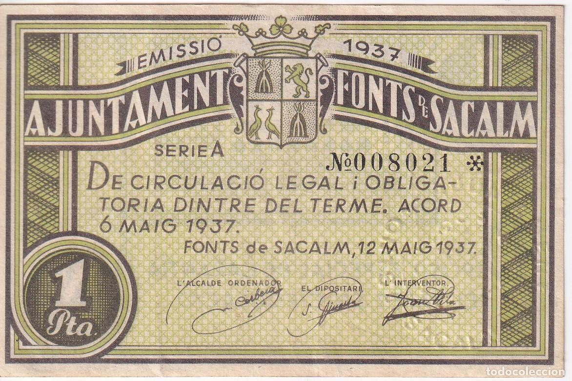 Local Banknotes: BILLETE DE 1 PESETA DEL AJUNTAMENT DE FONTS SACALM DEL A&Ntilde;O 1937 (SELLO SECO)