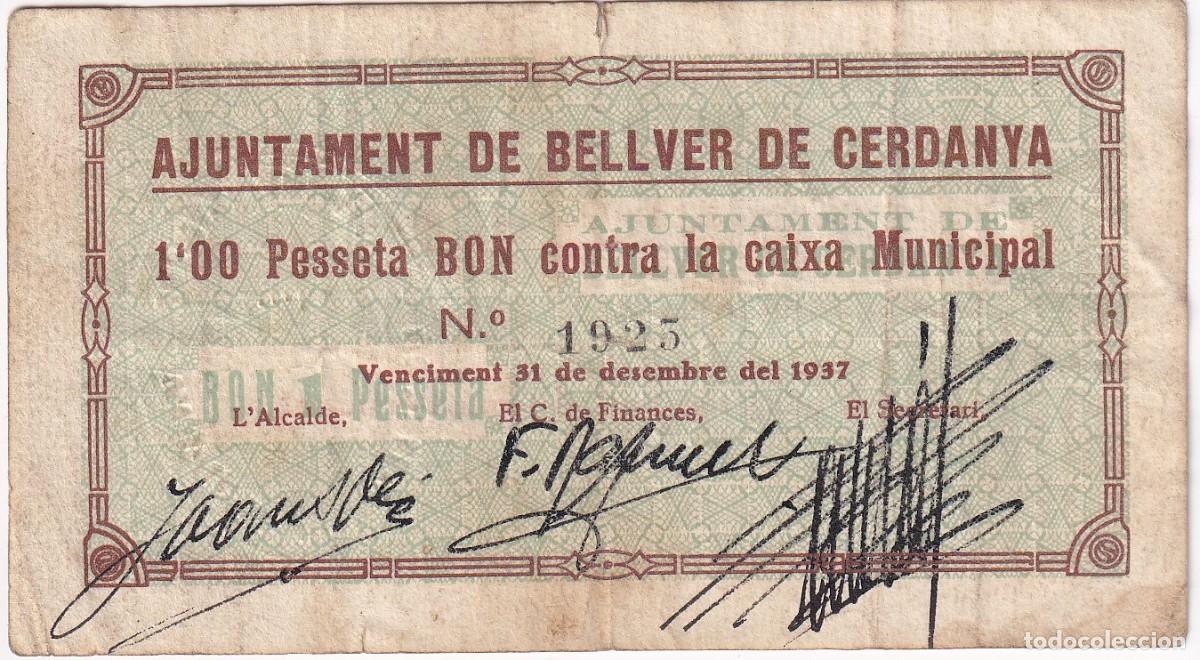 Banconote locali: BILLETE DE 1 PESETA DEL AJUNTAMENT DE BELLVER DE CERDANYA DEL A&Ntilde;O 1937 (SELLO SECO)