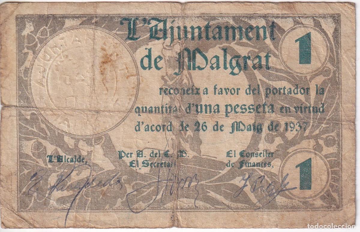Billets locaux: BILLETE DE 1 PESETA DEL AJUNTAMENT DE MALGRAT DEL A&Ntilde;O 1937