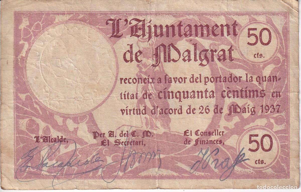 Billets locaux: BILLETE DE 50 CENTIMOS DEL AJUNTAMENT DE MALGRAT DEL A&Ntilde;O 1937 CON SELLO SECO