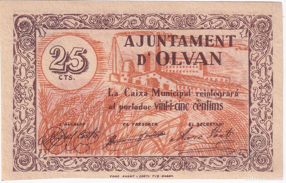 Local Banknotes: BILLETE DE 25 CENTIMOS DEL AJUNTAMENT DE OLVAN DEL A&Ntilde;O 1937 SIN NUMERACI&Oacute;N (RARO)