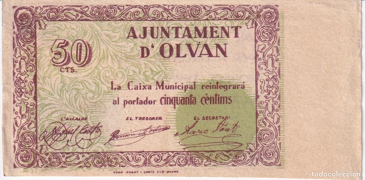 Local Banknotes: BILLETE DE 50 CENTIMOS DEL AJUNTAMENT DE OLVAN DEL A&Ntilde;O 1937 SIN NUMERACI&Oacute;N (RARO)
