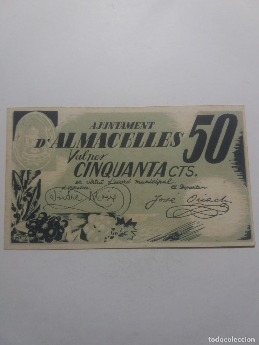 Billetes locales: Billete 50 C&egrave;ntims Ajuntament ALMACELLES Octubre 1937