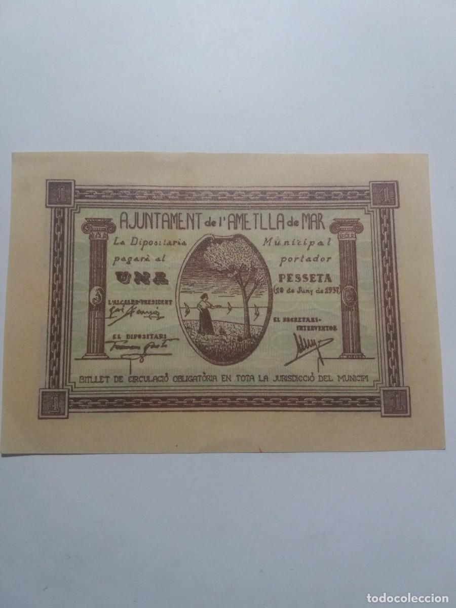 Billetes locales: Billete 1 Pesseta Ajuntament AMETLLA DE MAR 1er. Juliol 1938