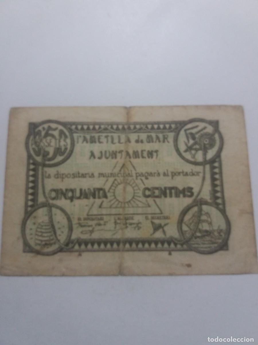 Billetes locales: Billete 50 C&egrave;ntims Ajuntament AMETLLA de MAR 1er. Juliol 1938