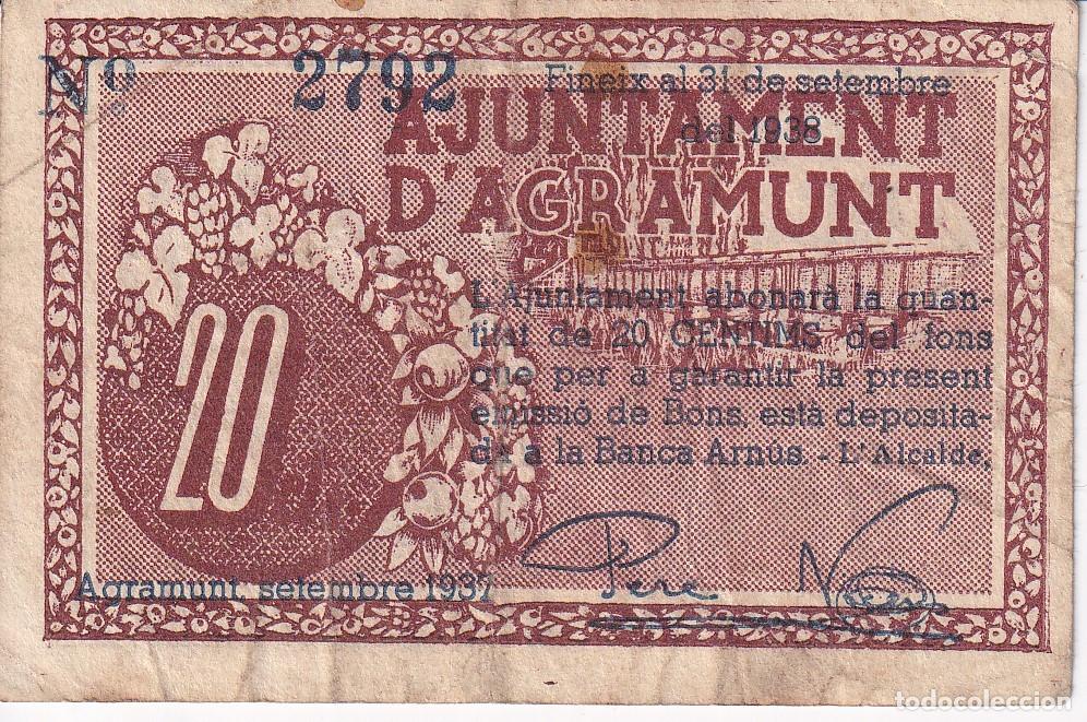 Billets locaux: BILLETE DE 20 CENTIMOS DEL AJUNTAMENT DE AGRAMUNT DEL A&Ntilde;O 1937