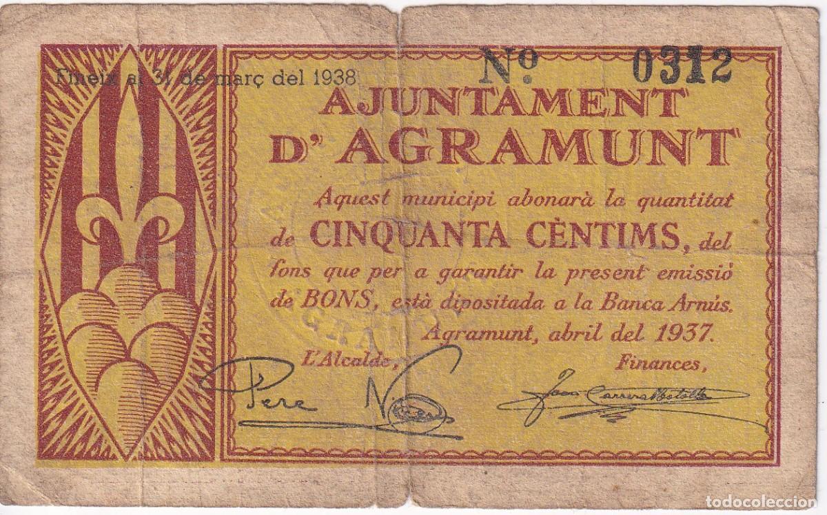 Banconote locali: BILLETE DE 50 CENTIMOS DEL AJUNTAMENT DE AGRAMUNT DEL A&Ntilde;O 1937 CON SELLO SECO
