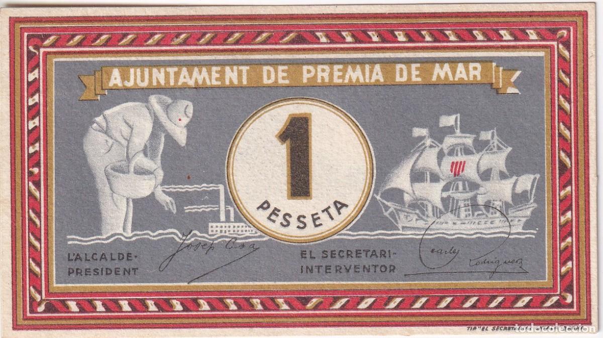 Notas locais: BILLETE DE 1 PESETA DEL AJUNTAMENT DEL PREMIA DE MAR DEL A&Ntilde;O 1937 SIN CIRCULAR (SC)