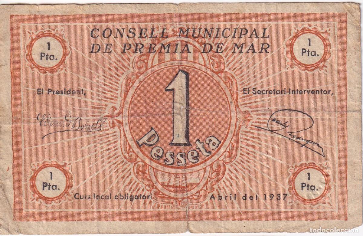 Billets locaux: BILLETE DE 1 PESETA DEL AJUNTAMENT DEL PREMIA DE MAR DEL A&Ntilde;O 1937