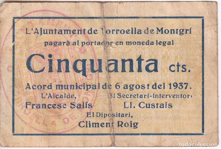 Local Banknotes: BILLETE DE 50 CENTIMOS DEL AJUNTAMENT DE TORROELLA DE MONTGRI DEL A&Ntilde;O 1937