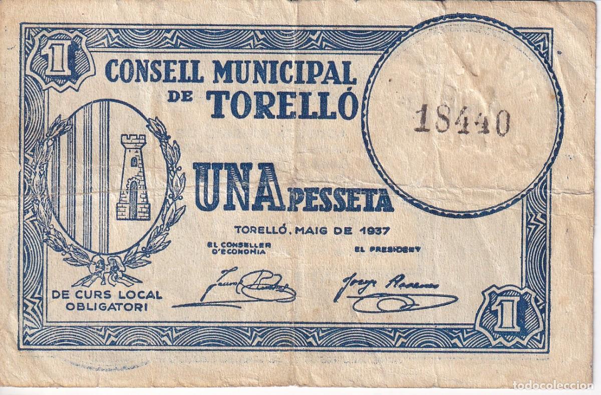 Notas locais: BILLETE DE 1 PESETA DEL CONSELL MUNICIPAL DE TORELLO DEL A&Ntilde;O 1937
