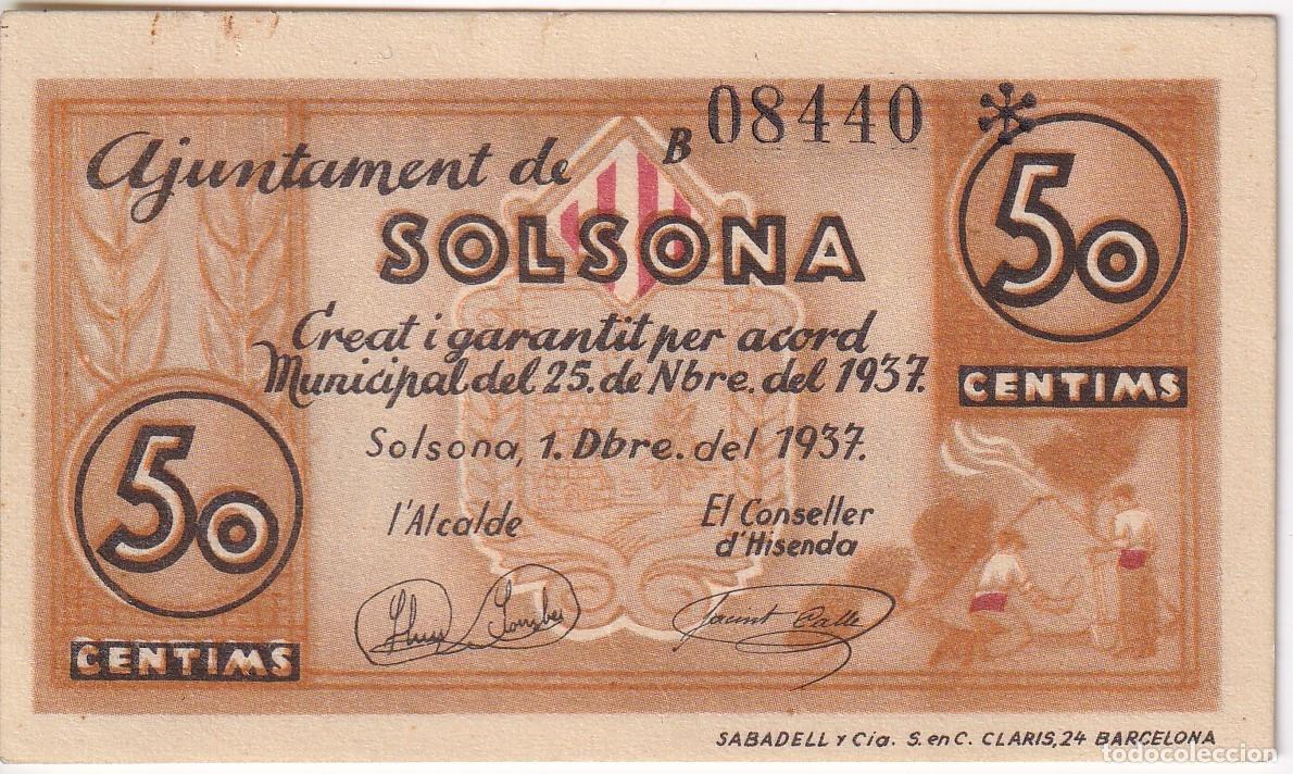 Notas locais: BILLETE DE 50 CENTIMOS DEL CONSELL MUNICIPAL DE SOLSONA DE NOVIEMBRE A&Ntilde;O 1937 SIN CIRCULAR (SC)