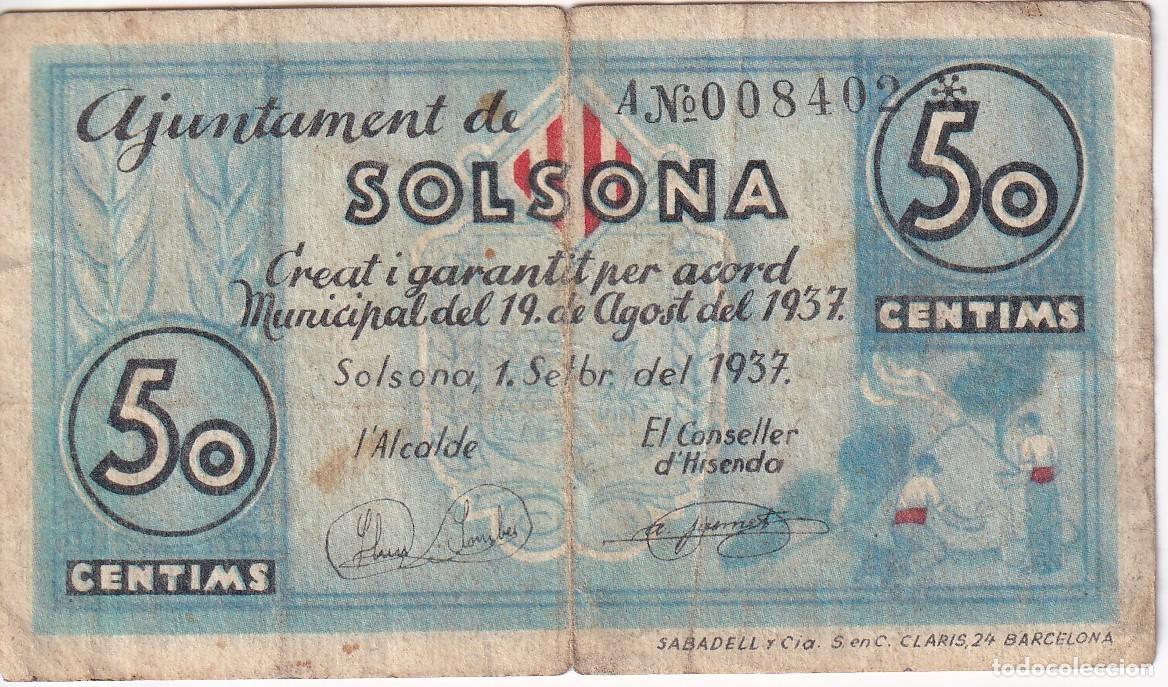 Local Banknotes: BILLETE DE 50 CENTIMOS DEL CONSELL MUNICIPAL DE SOLSONA DE AGOSTO DEL A&Ntilde;O 1937