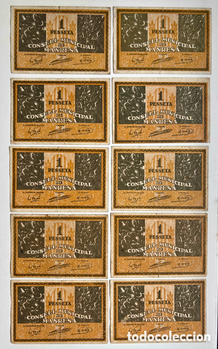 Billetes locales: Lote x 10 Billetes Local / Municipal MANRESA 1 Peseta Serie A-B-C