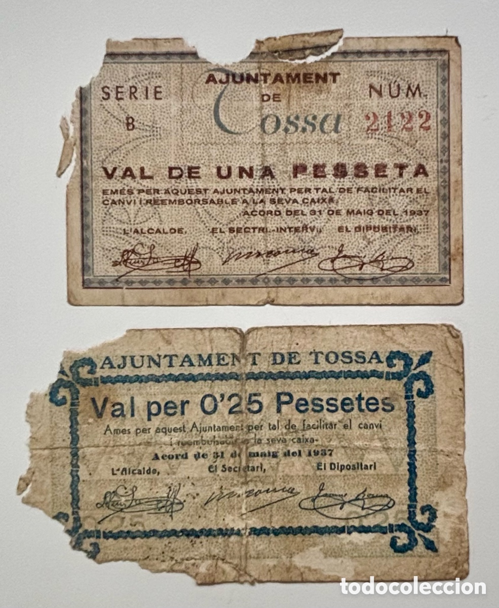 Billetes locales: Lote x 2 Billetes Local / Municipal TOSSA 25 C&eacute;ntimos + 1 Peseta 1937 Muy Da&ntilde;ados