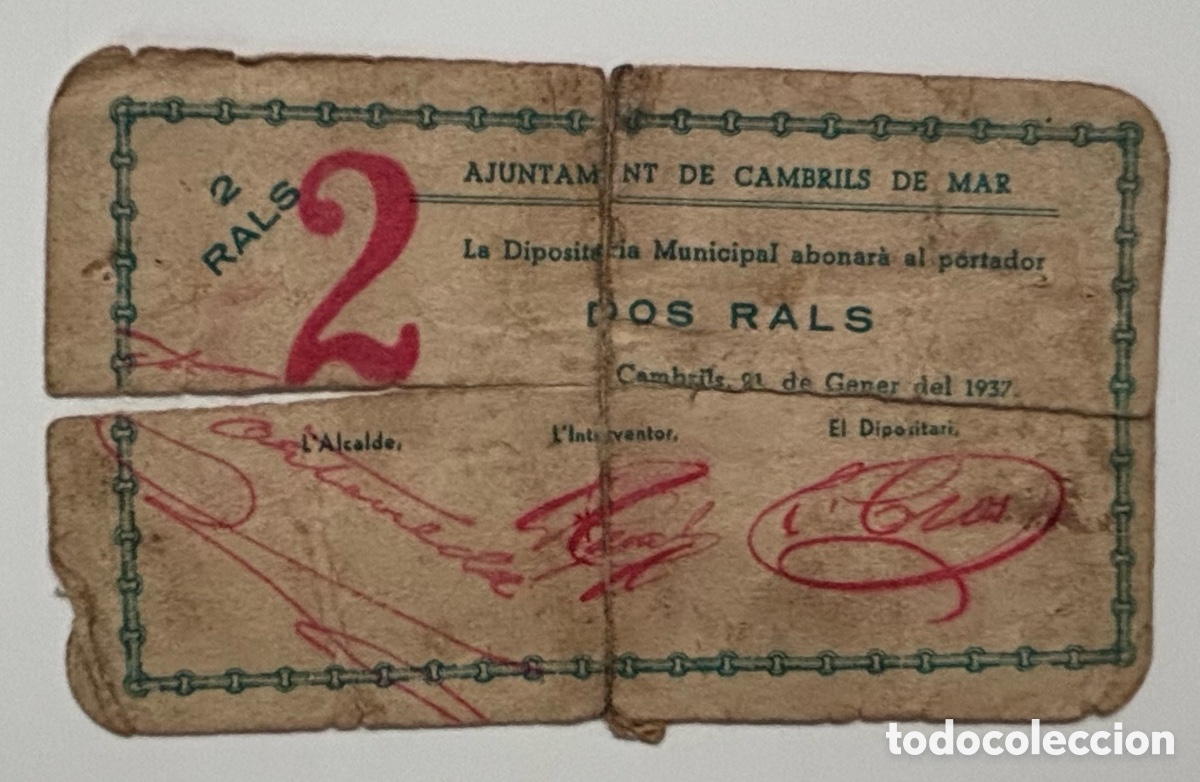 Billetes locales: Billete Local / Municipal CAMBRILS 2 Rals 1937. Da&ntilde;ado