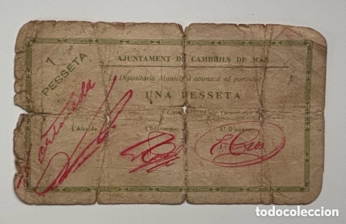 Billetes locales: Billete Local / Municipal CAMBRILS 1 Peseta 1937. Da&ntilde;ado