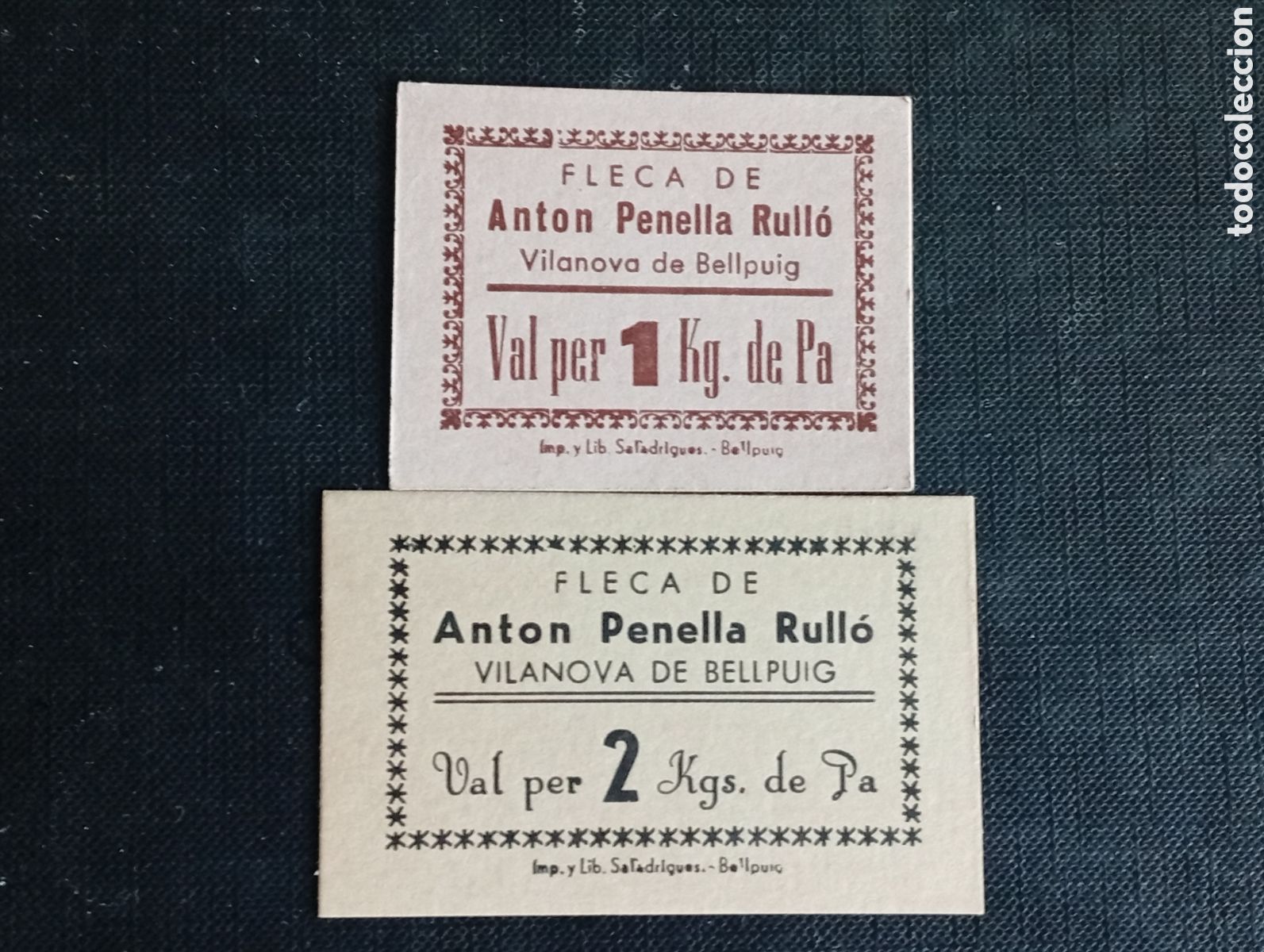 Billetes locales: Vales de pan Fleca Antoni Penella Rullo Vilanova de Bellpuig postguerra Lleida