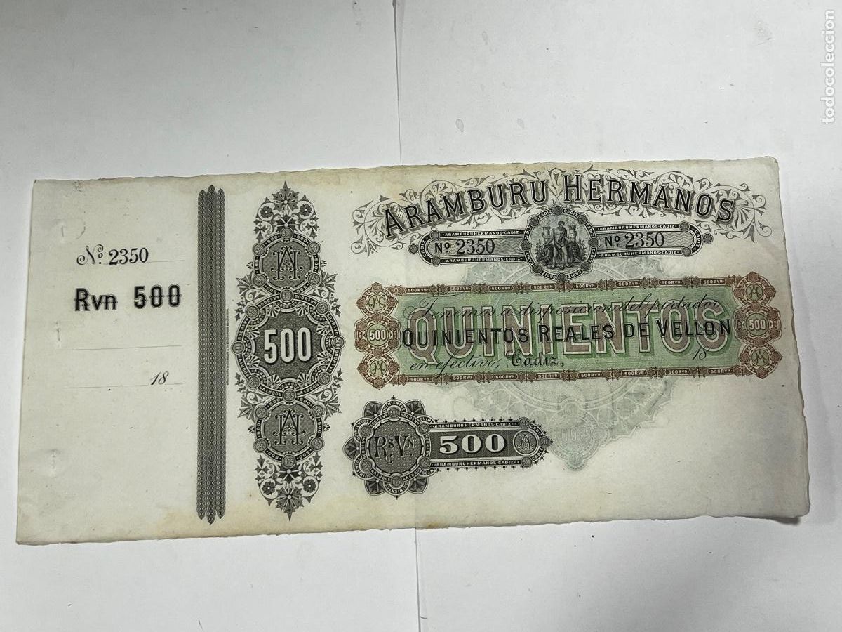 Billetes locales: BANCA ARAMBURU HERMANOS. QUINIENTOS REALES DE VELL&Oacute;N. C&Aacute;DIZ.