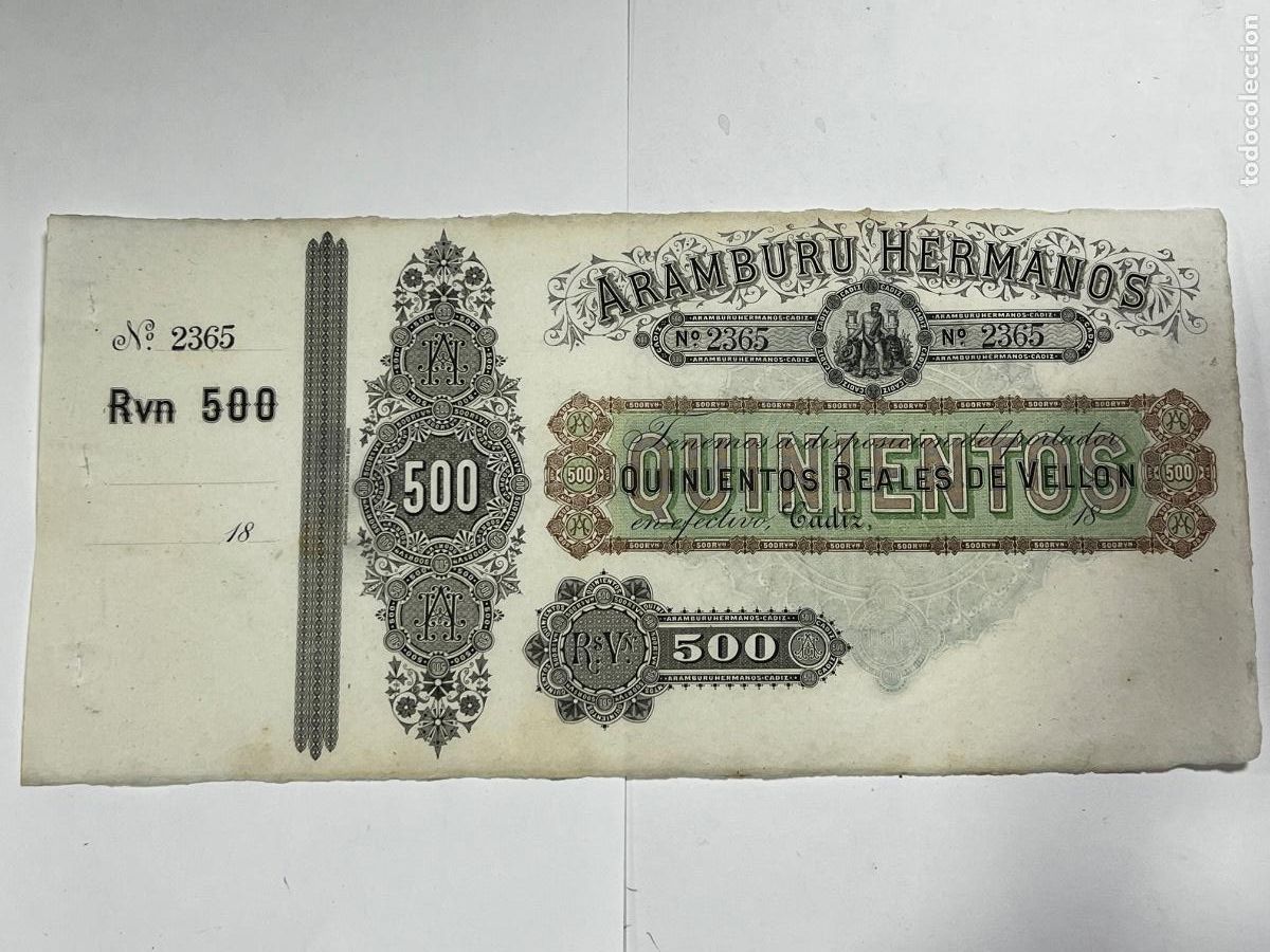 Billetes locales: BANCA ARAMBURU HERMANOS. QUINIENTOS REALES DE VELL&Oacute;N. C&Aacute;DIZ.