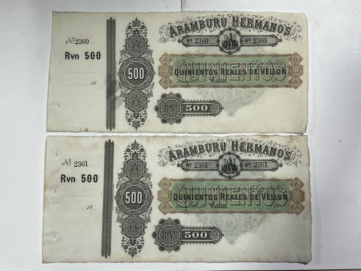 Billetes locales: BANCA ARAMBURU HERMANOS. PAREJA CORRELATIVA. QUINIENTOS REALES DE VELL&Oacute;N. C&Aacute;DIZ.