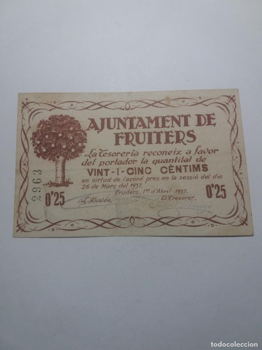 Billetes locales: Billete 0,25 C&egrave;ntims Ajuntament FRUITERS 26 Mar&ccedil; 1937