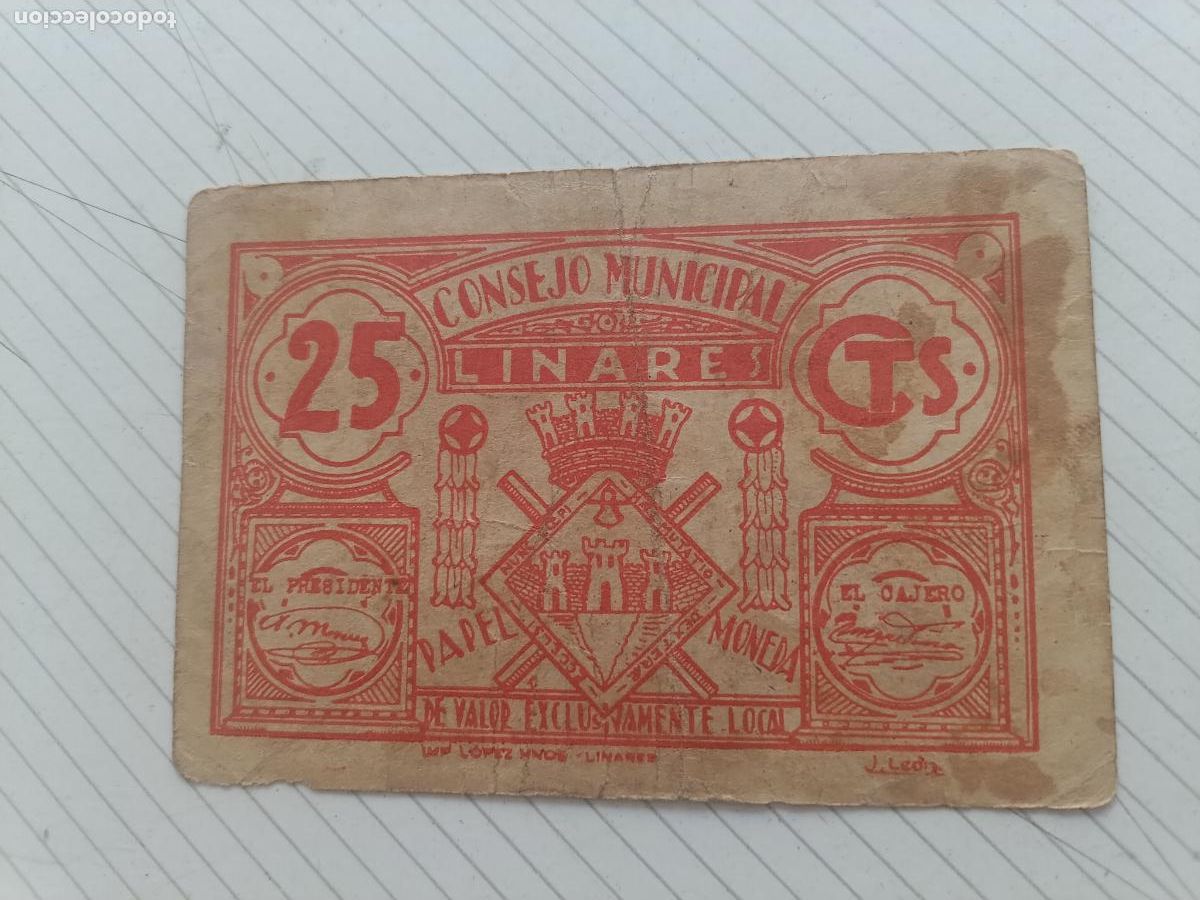 Billetes locales: Emisiones locales republicanas 1937 CONSEJO MUNICIPAL DE LINARES 25 CENTIMOS