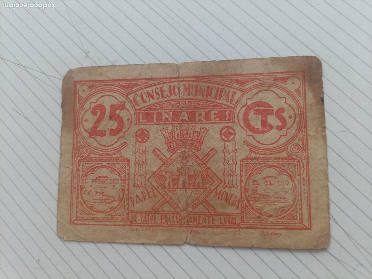 Billetes locales: Emisiones locales republicanas 1937 CONSEJO MUNICIPAL DE LINARES 25 CENTIMOS