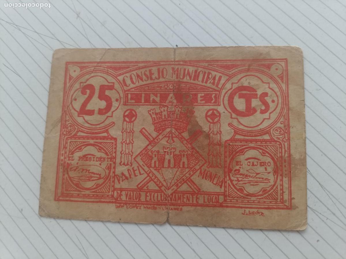 Billetes locales: Emisiones locales republicanas 1937 CONSEJO MUNICIPAL DE LINARES 25 CENTIMOS