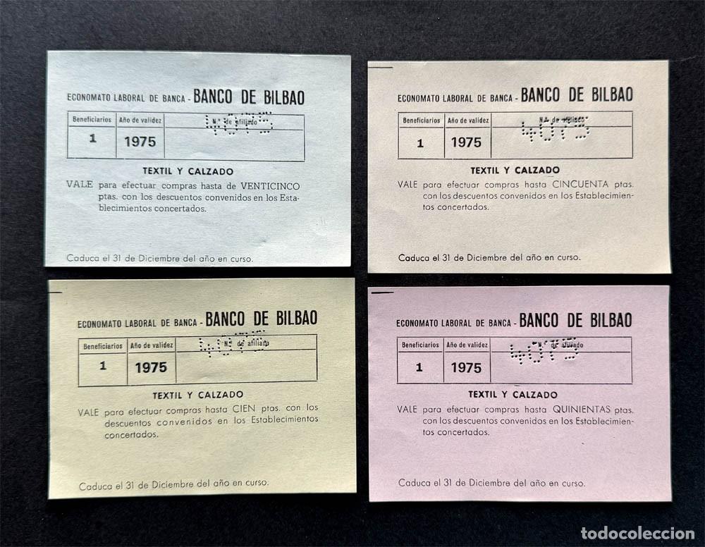 Billetes locales: VALES TEXTIL Y CALZADO / 25-50-100-500 PTAS. / BANCO DE BILBAO / ECONOMATO LABORAL DE BANCA A&Ntilde;O 1975