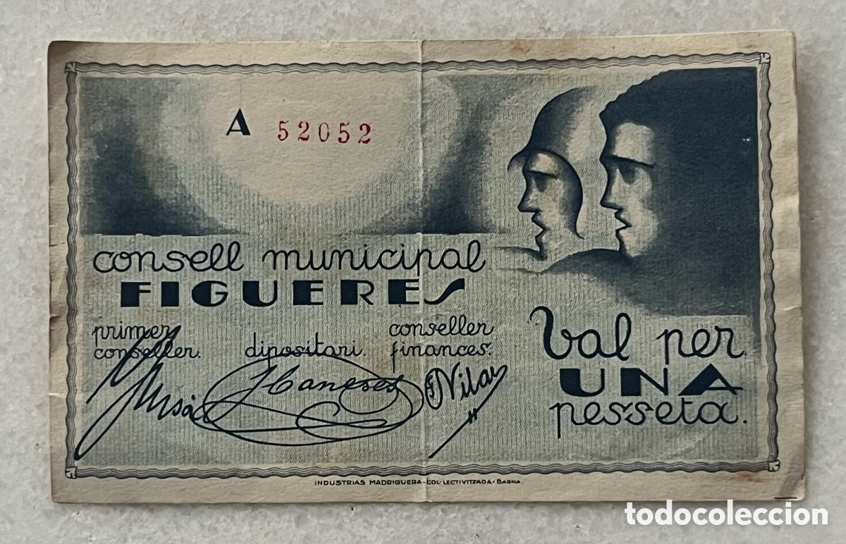 Billetes locales: BILLETE UNA PESETA FIGUERES, MAR&Ccedil; 1937 - SERIE A - NUMERO MUY BAJO