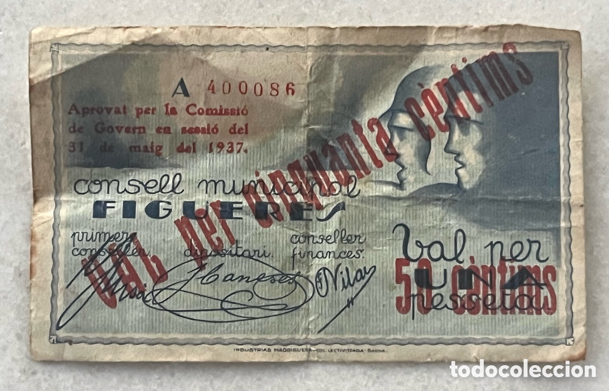 Billetes locales: BILLETE 1 PESETAS FIGUERES, SOBRE SELLO DE 50 C&Eacute;NTIMOS EN ROJO