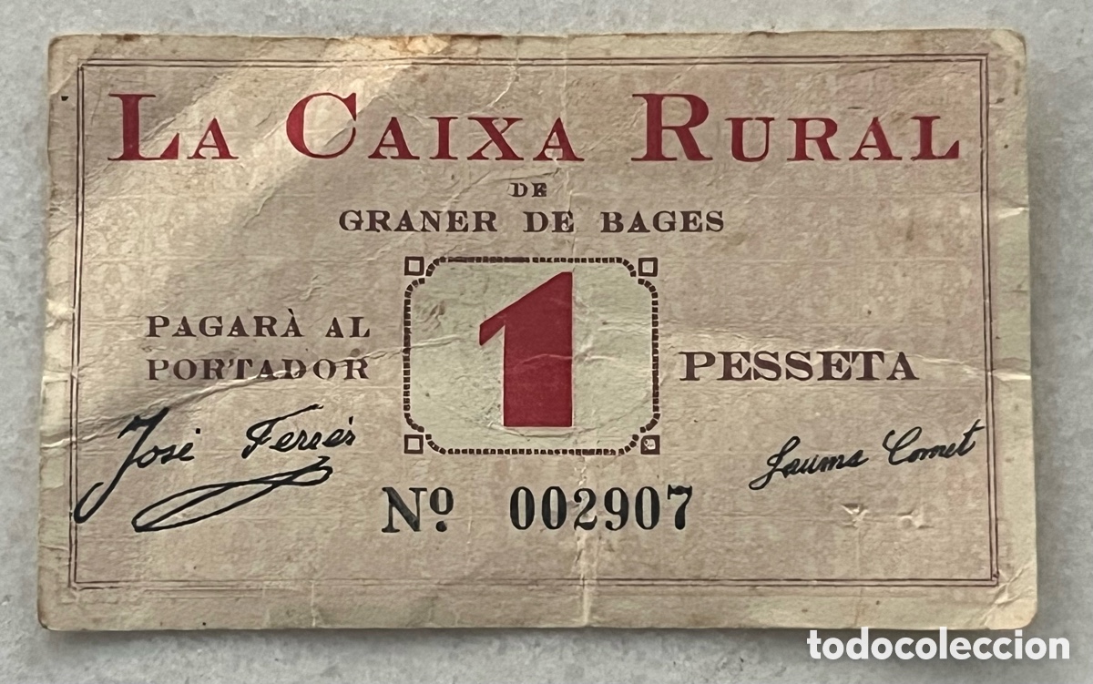Banconote locali: BILLETE DE 1 PESETA, GRANER DE BAGES (SANTPEDOR) - MUY RARO, A&Ntilde;O 1937