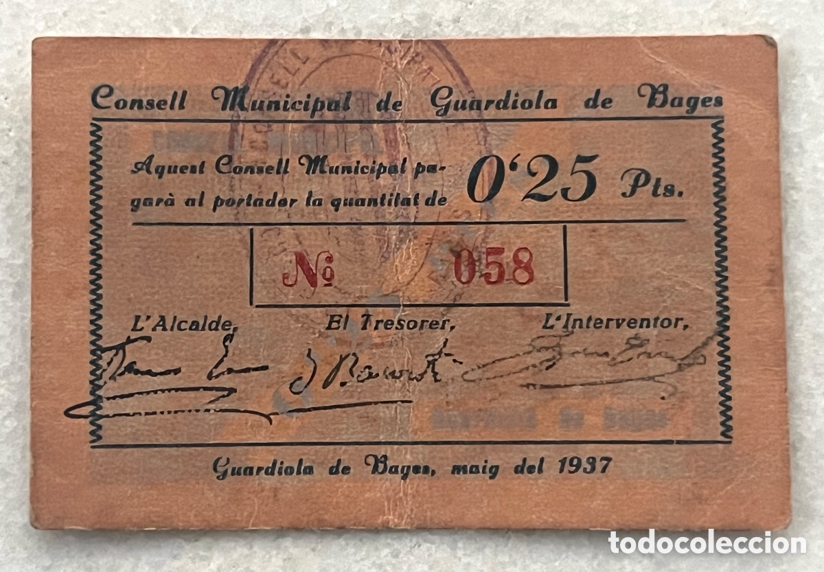 Lokale Banknoten: BILLETE DE GUARDIOLA DE BAGES, 25 C&Eacute;NTIMOS - 1937 - CART&Oacute;N - MUY RARO Y ESCASO