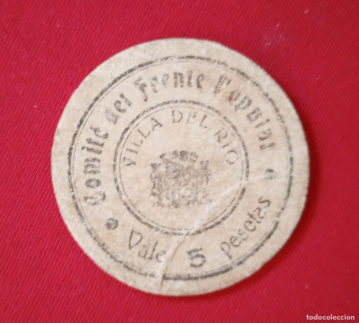 Lokale Banknoten: VILLA DEL RIO. CORDOBA. 5 PESETAS. DISCO SELLADO NUMERADO Y FIRMADO.