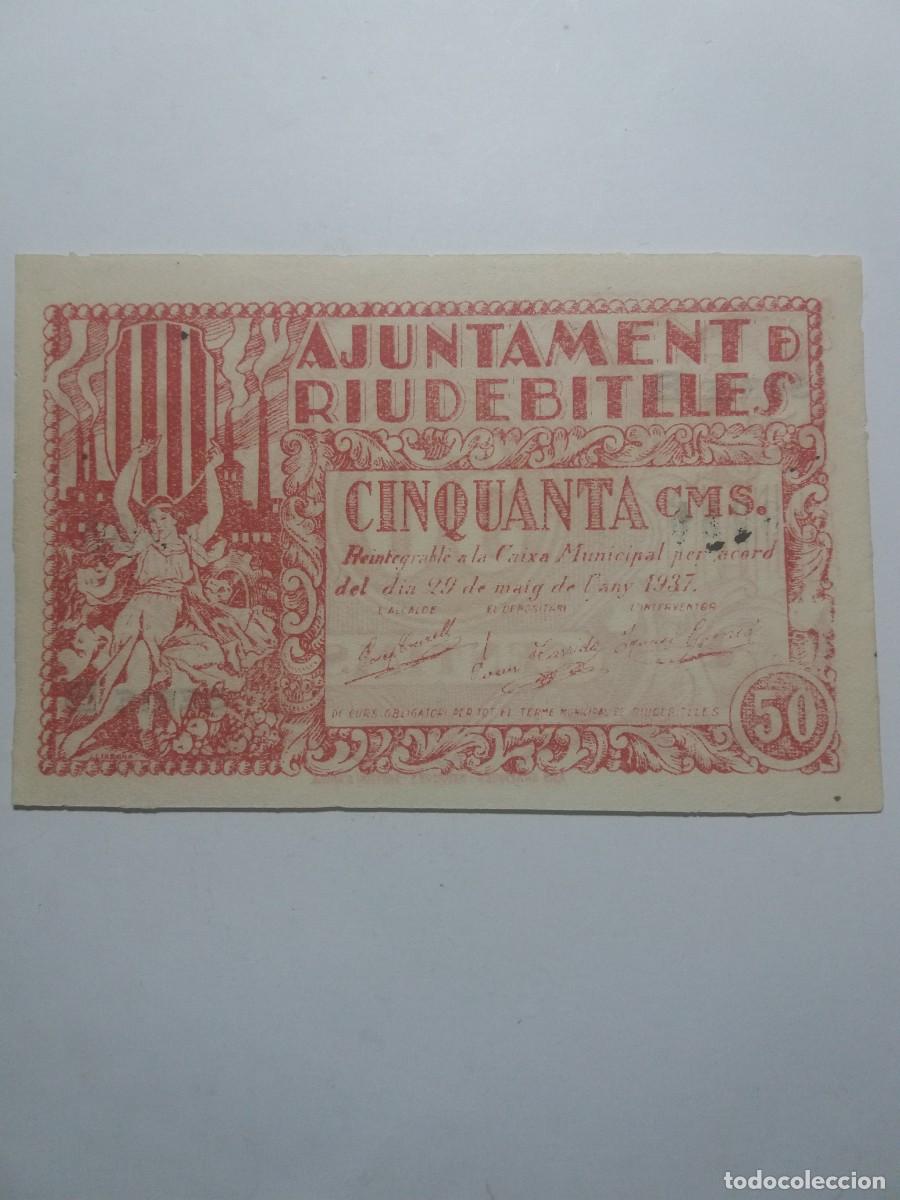 Billetes locales: Billete 50 C&egrave;ntims Ajuntament RIUDEBITLLES 29 Maig 1937