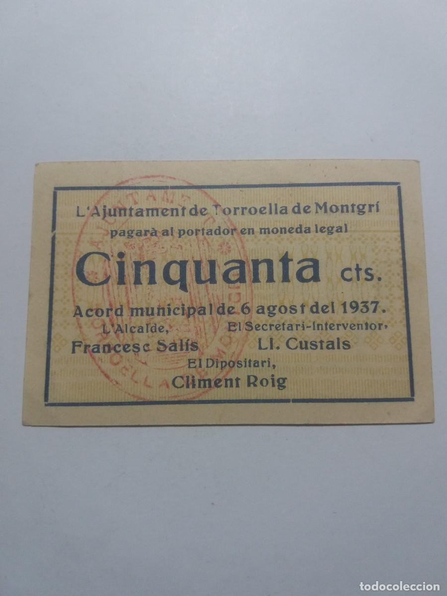 Billetes locales: Billete 50 C&egrave;ntims Ajuntament TORROELLA DE MONTGRI 6 Agost 1937