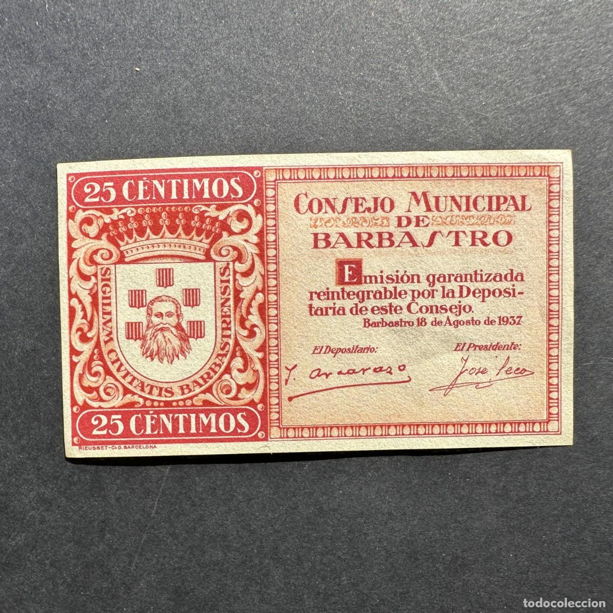 Billets locaux: BILLETE LOCAL DE BARBASTRO - 25 C&Eacute;NTIMOS - A&Ntilde;O 1937 -