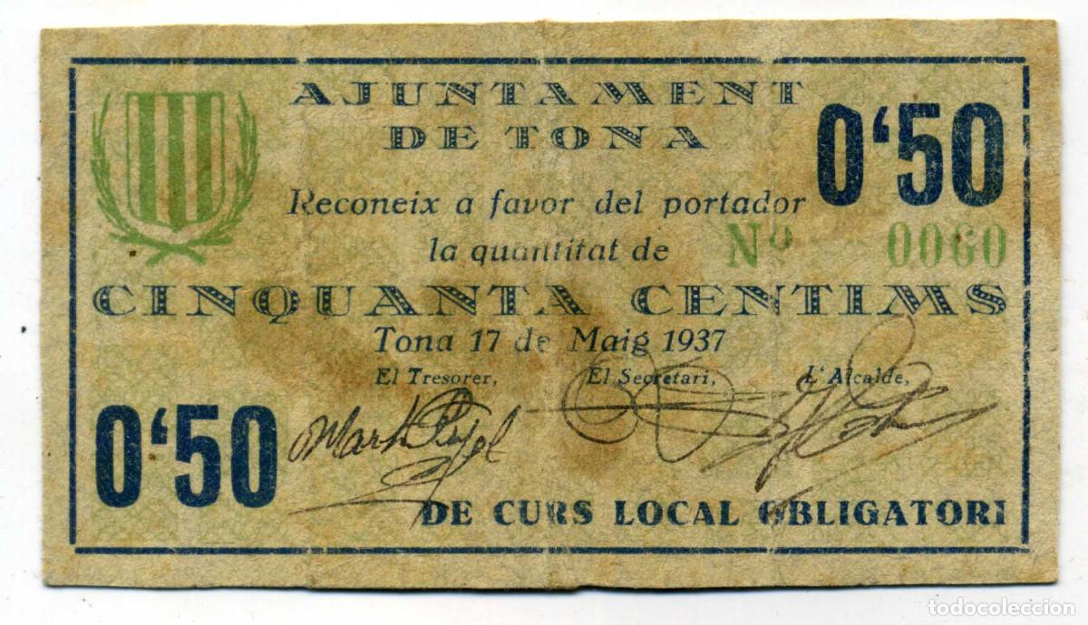 Billetes locales: XS- TONA (Osona) GUERRA CIVIL 50 C&egrave;ntims Maig 1937 T-2500 (R)