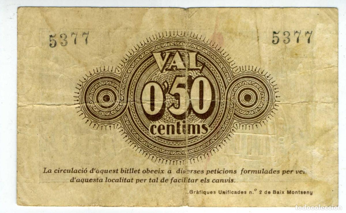 Billetes locales: XS- BAIX MONTSENY (Sant Celoni, Vall&egrave;s Oriental) GUERRA CIVIL 0,50 C&egrave;ntims T-267 VALOR ERRONI