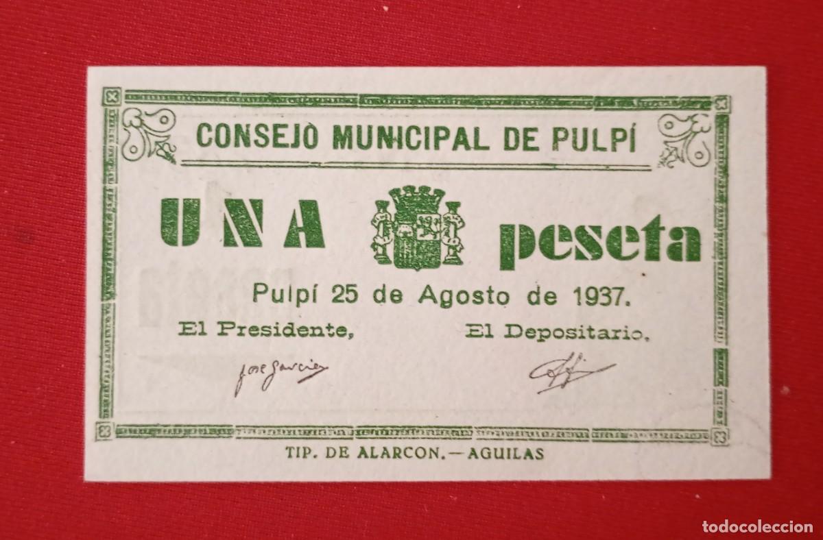 Billetes locales: PULP&Iacute;, ALMER&Iacute;A. CONSEJO MUNICIPAL 1 PESETA.