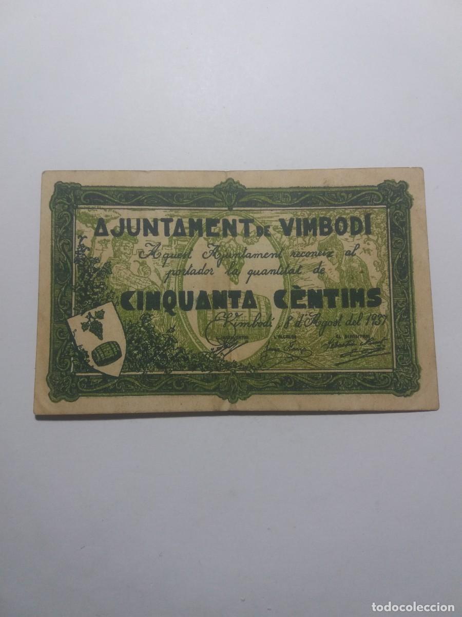 Lokale Banknoten: Billete 50 C&egrave;ntims Ajuntament VIMBOD&Iacute; 8 Agost 1937
