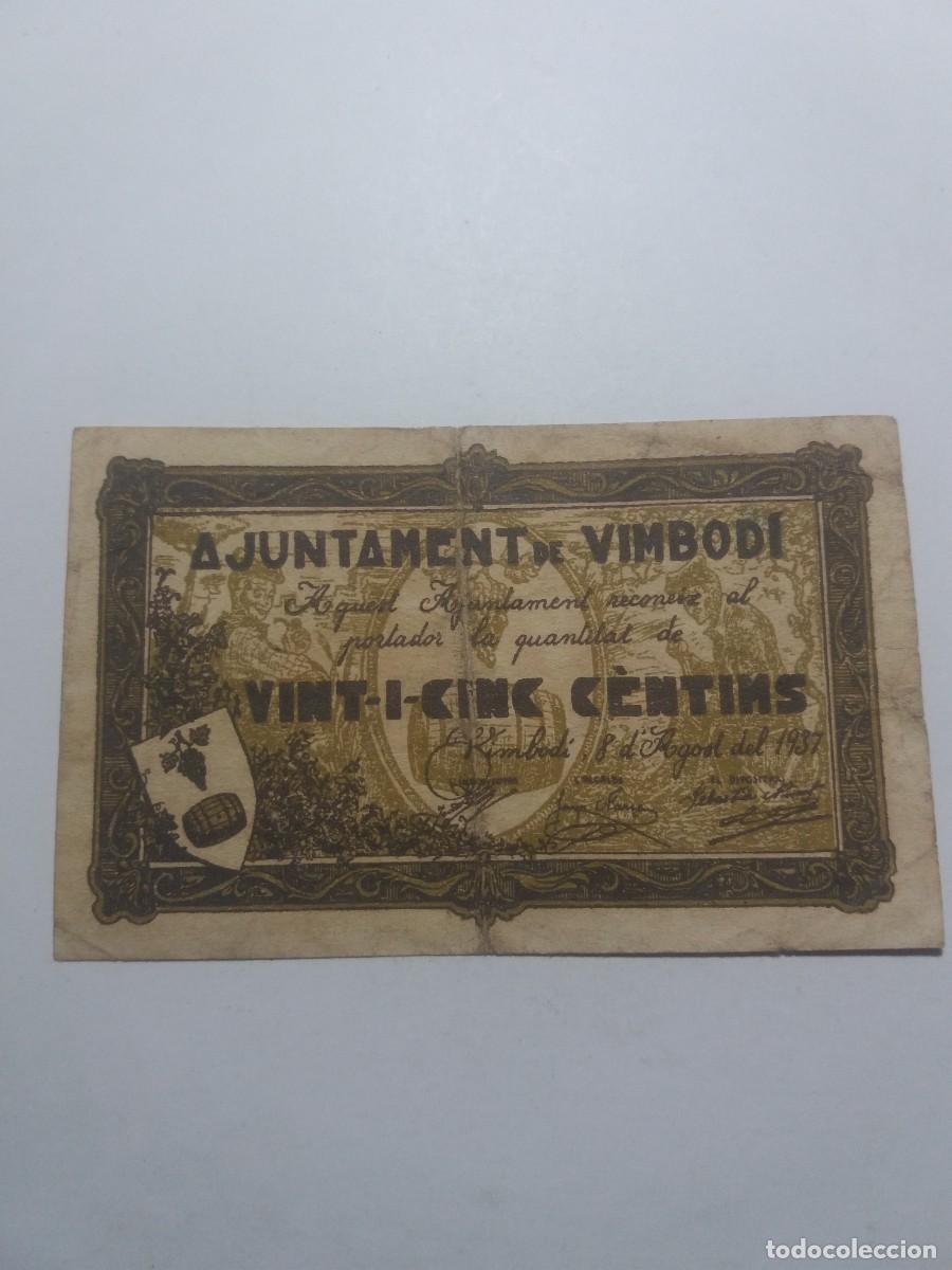 Lokale Banknoten: Billete 25 C&egrave;ntims Ajuntament VIMBOD&Iacute; 8 Agost 1937