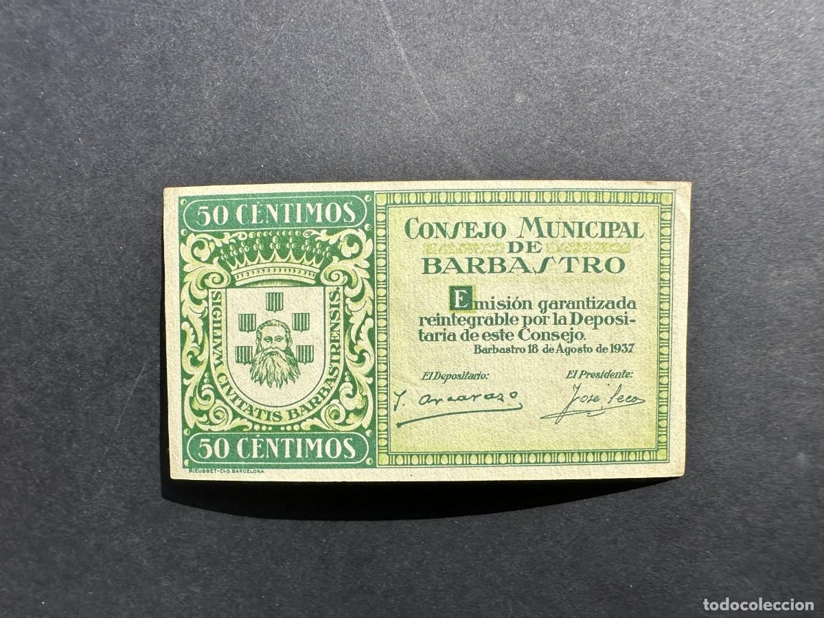 Billetes locales: BILLETE LOCAL DE BARBASTRO - 50 C&Eacute;NTIMOS - A&Ntilde;O 1937 -