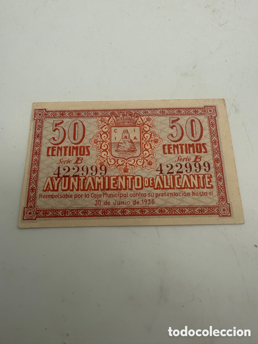 Local Banknotes: BILLETE DE 50 CENTIMOS DEL AYUNTAMIENTO DE ALICANTE DEL A&Ntilde;O 1937 SIN CIRCULAR