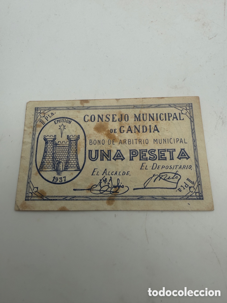Notas locais: BILLETE LOCAL GUERRA CIVIL , 1 PESETA GANDIA 1937
